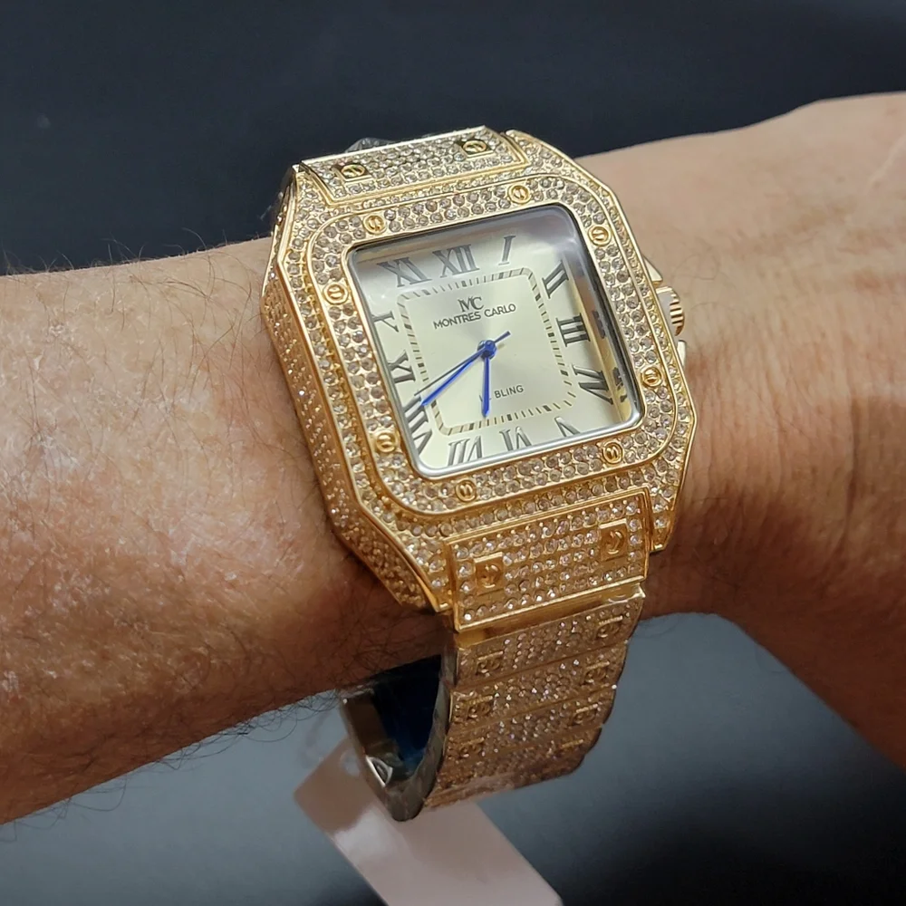 Men’s Gold Tone Iced Out Pavé MC Montres Carlo Bling Watch – Roman Numerals 45mm